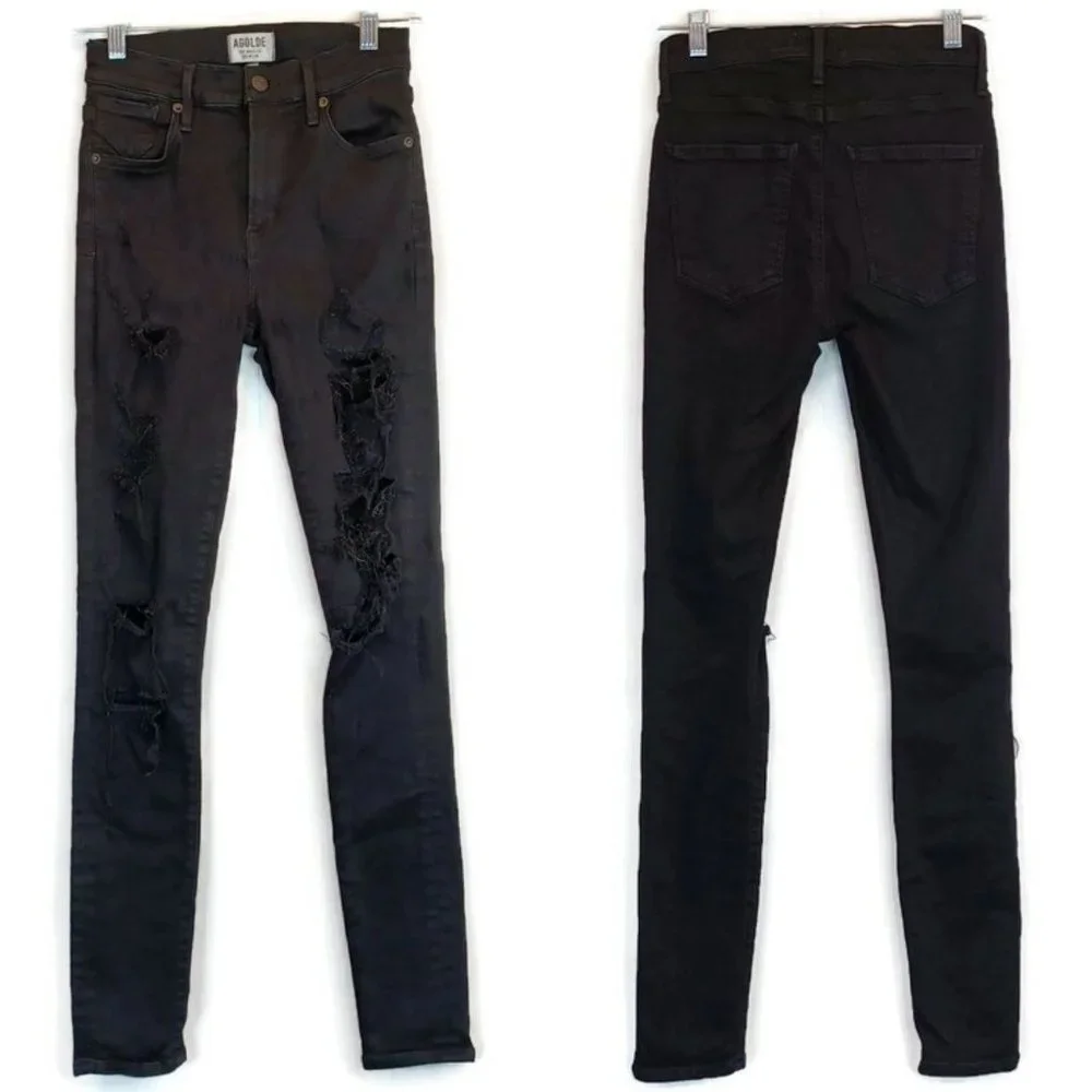 AGOLDE Women's Black Ripped Skinny Leg Stretch High Rise Denim Jean Destroyed 25 - Picture 2 of 12